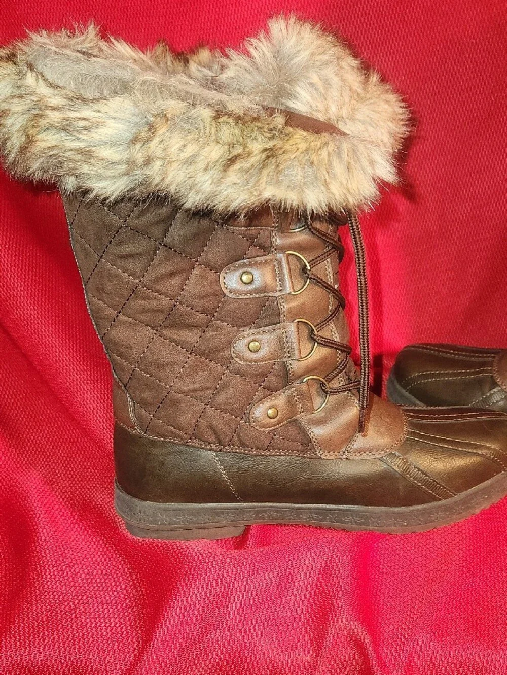 JustFab Brown Lace-Up Fur-Trim Winter Boots